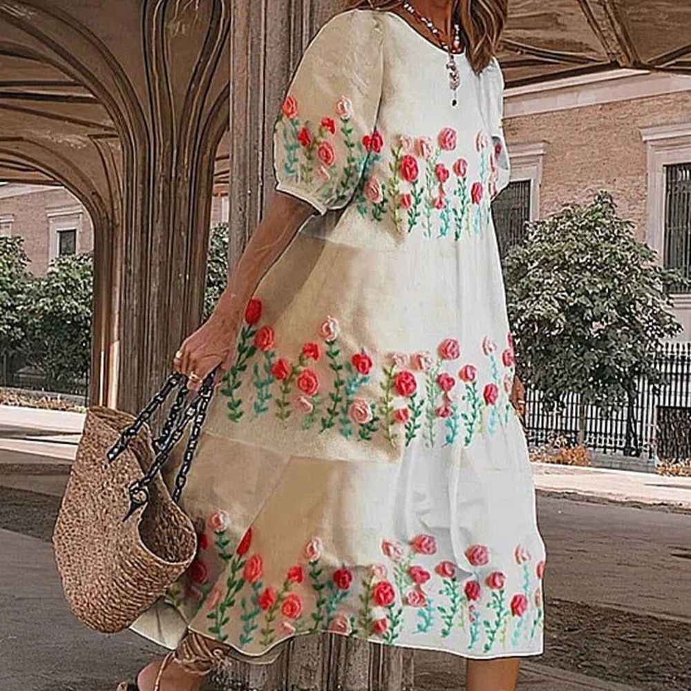 BOHO Floral Dress featuring pink and red roses